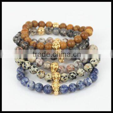 kjl-cst28 mix color natural tree agate/medical/sodalite round stone beads bracelet beaded gold skull head men charm bracelet