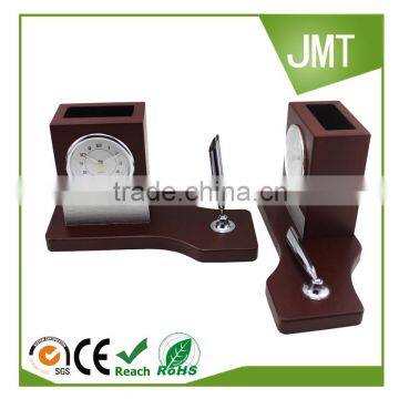 Desk Office Wooden Desk Organiser Custom Pen Holder with Clock