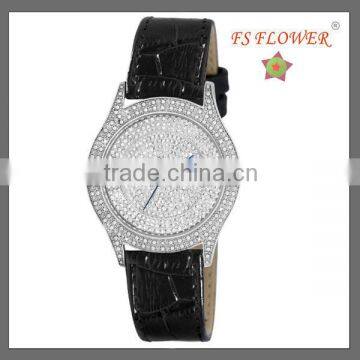 Gorgeous Black Leather Bracelet Dazzling Watches Ladies Japan Quartz Movement Watch