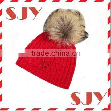 Cashmere Cable Knit Beanie Hat with Detachable Raccoon Fur Pom