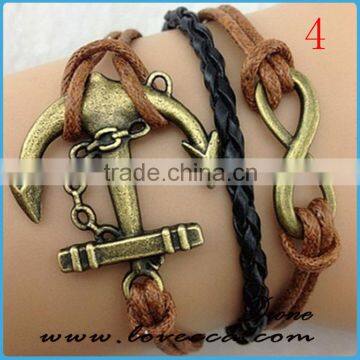 Cheap price on alibaba wholesale braided leather three layers anchor leather bracelet