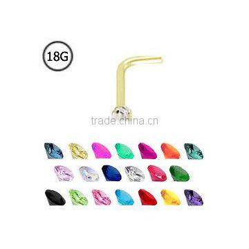 gold plated L shaped nose rings with high quality cubic zirconia