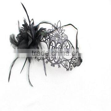 Black Metal Filigree Masquerade Mask Feathered Flower