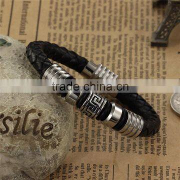 Mens Genuine Leather Bracelet With Magnetic Clasp Stainless Steel Beads photo-2