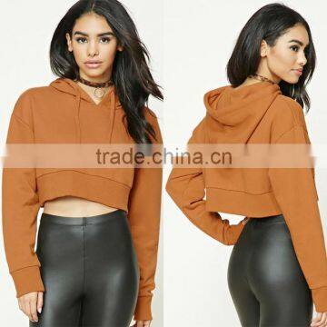 Cheap Custom Made Bulk Hoodies For Ladies Knit Drawstring Hood Ribbed Trim Long Sleeve Sexy Fashion Plain Crop Top Hoodie