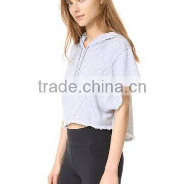 Bomber Fleece Hooded Sweatshirt the Light French Terry Fabric Short Sleeve Hoodie With Raw Edged Hem photo-2