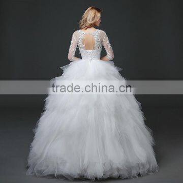 MGOO New Designs 2017 Sheer Neck 3/4 Long Sleeves Women Wedding Dress Ball Gown Embroidery Floor Length Dress photo-6