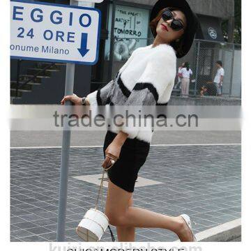 Trendy Rabbit Fur Coats For Women Winter Warm Natural Real Fur Coat Short Patchwork Strip Korean Style O-neck Jackets Customized photo-6