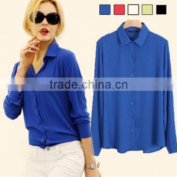 Korean Style v Neck Blue Chiffon Long Sleeve Blouses/ Garment Women Ladies Clothes /