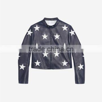Fashion Contrasting Coloured Stars Cropped Leather Jackets for Women photo-6