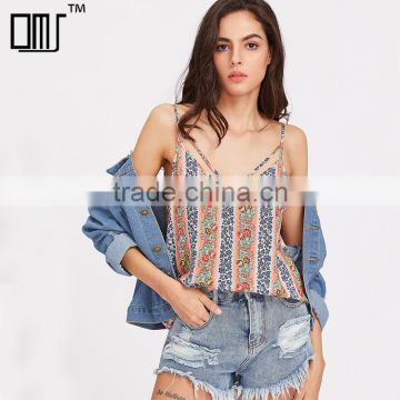 Fashion Floral striped double V-neck top, ladies sexy cami top