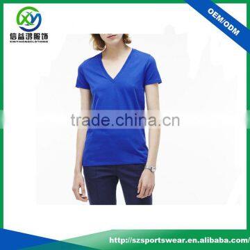 Popular Design Ladies Blue Color 95 Cotton /5 Elastane T-shirt With Deep v Neck t Shirts photo-2