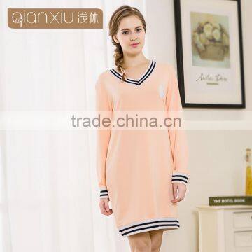 Alibaba China Qianxiu Autumn Long Sleeve Dress Baseball V Neck Wholesale 100% Cotton Nightgown