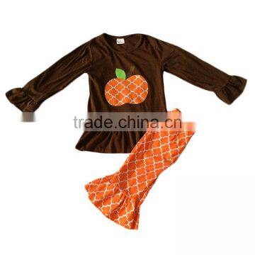 2016 yawoo brown cotton pumpkin top and quatrefoil pants set appliques for kids halloween clothing