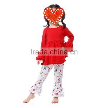 Kids wear christmas pajamas ruffle icing raglan top shirts and reindeer leggings baby outfit for children