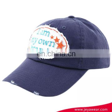 Fashion stone wash baseball cap with applique lower profile denim fabric baseball cap