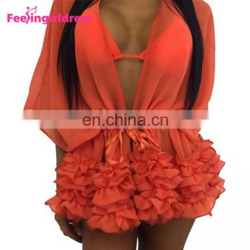 Attractive Cut Out Front Ruffled Hem Orange Beach Wrap Dress