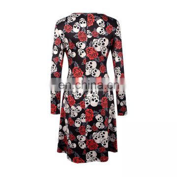 Halloween Print Floral Dress Long Sleeve Casual Womens Dress