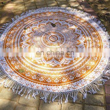 Indian Latest 72" Round Tapestry Yellow Ombre Mandala Design Beach Towel Wall Hanging White