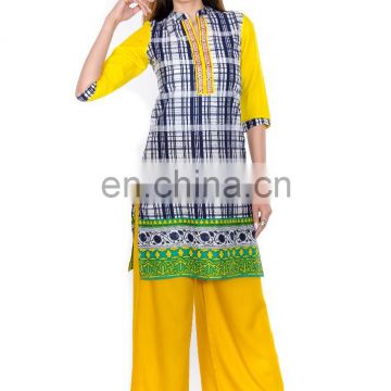 Manufacturer latest printed 3/4 sleeve Band collar 100% cotton Kurtis