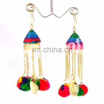 Pom Pom Jhumka Earrings-Pom Pom Drop Earrings-Multicolor Chain Pom Pom Earrings-BOHO Tribal Pom Pom Bell Earrings photo-2