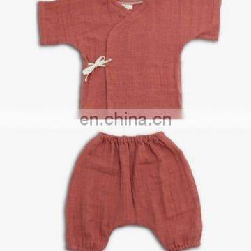 Casual wear kids top and short clothing set solid color cotton linen kids clothing