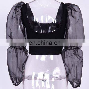 2020 New Street Look Women Autumn Lantern Sleeve Mesh Stitching Long-sleeved Multi Color Crop Top photo-5