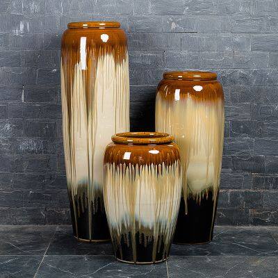 Chinese Jingdezhen Large Brown Black Floor Ceramic Vase For Hotel Outdoor Decor