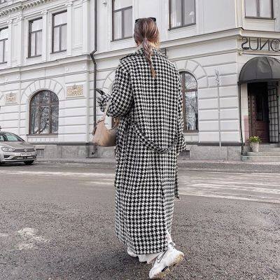 New Fashion White and Black Long Houndstooth Coat Women's Trench Coat Winter Clothes Long Coats for Women photo-2