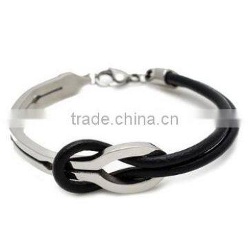 China factory supply customized black double layer leather bracelet high quality stainless steel bracelet