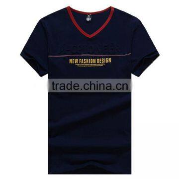 V neck red collar custom t shirt printing words for dark blue tshirt