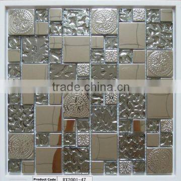 Stainless Steel Metal Frame Mix Frosted Glass Tiles Water Jet Cut Mosaic