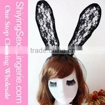 Black Lace Rabbit Ears Headband with Face Veil Costume Hat