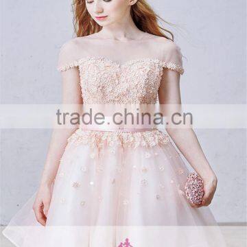 AR-40 Wholesale Elegant Short Mini Short Sleeve Appliques Pearl Ball Gown Bridesmaid Dress Lace 2016