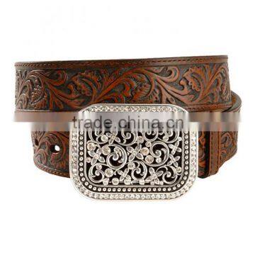 Western Fancy Floral Belt Buckle Adorned With Rhinestones Floral Leather Belt