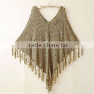 13STC5540 women tassel-trimmed pullover fashion hand knitted poncho