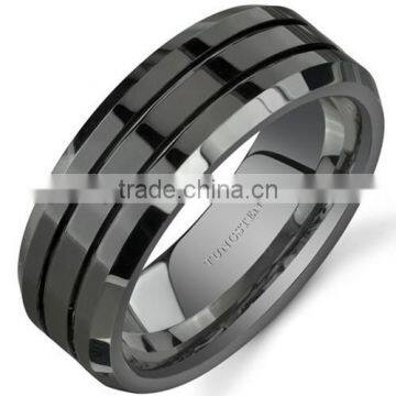 8MM Black Tungsten Carbide Ring, Mens Polished Beveled Edge Double Groove Black Wedding Band Ring Mens