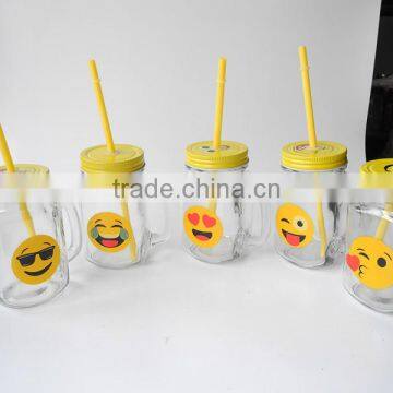 cute emoji smile face decal glass beverage handle mug with yellow lid