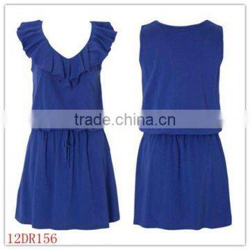 12DR156Summer Hot Seling Latest Design Frill Neck Jersey Blue Dress