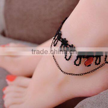 hot sale ladys red strass crystal lace anklet, 2016 bridesmaid foot jewelry, black lace foot chain