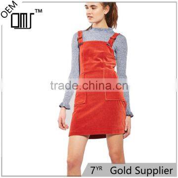 2017 OEM Spring Women Adjustable Burnt Orange Cord Pinafore Dress