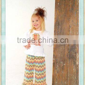 Thanksgiving day turkey chevron outfits childrens boutique clothing turkey embroidered top&chevorn ruffle pants sets