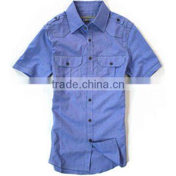 2014 new fashion solid blue T/C short summer casual men shirt