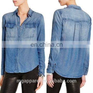 wholesale low price hot design stone washed denim shirts chambray blue women denim shirt