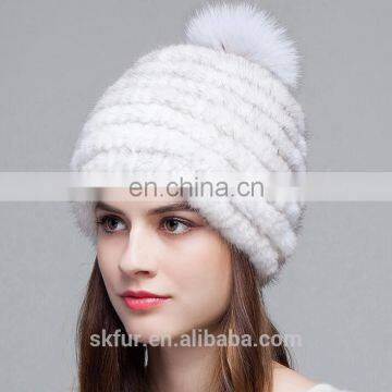 Factory wholesale women's winter knitted real mink fur hat with fox fur pompom