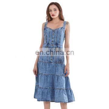 TWOTWINSTYLE Square Collar Sleeveless High Waist Cross Sling Midi Ladies Denim Dresses photo-2