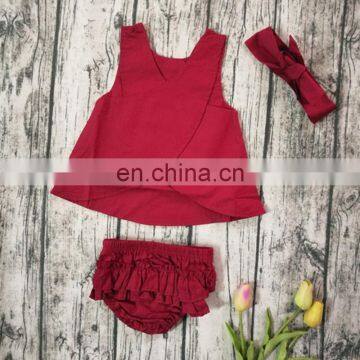 2019 Summer Red Girls Dress & Ruffle Bloomer Pants & Headband 3pc Set photo-3