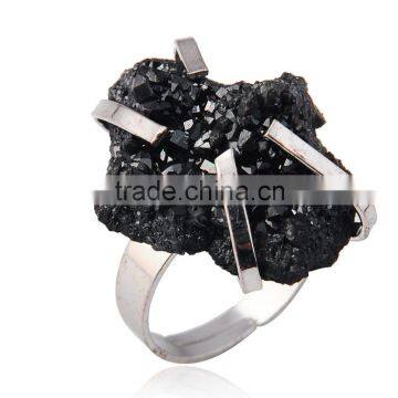 Natural Real Rough Drusy Black Agate Crystal Amethyst Rings Gemstone Ring With Adjustable Metal Women Finger Jewelry photo-2