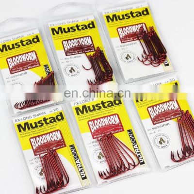 Strong Mustad 90234NP Fishing Hooks Long Blood Worm Lure Bait Hook Fashion Red High Strength Barbed Circle Tackles 1-12# Pesca