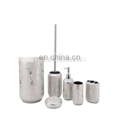 Elegant silver design 6pcs relief hand painted ceramic bathroom accessory sets with soap dispenser toilet brush